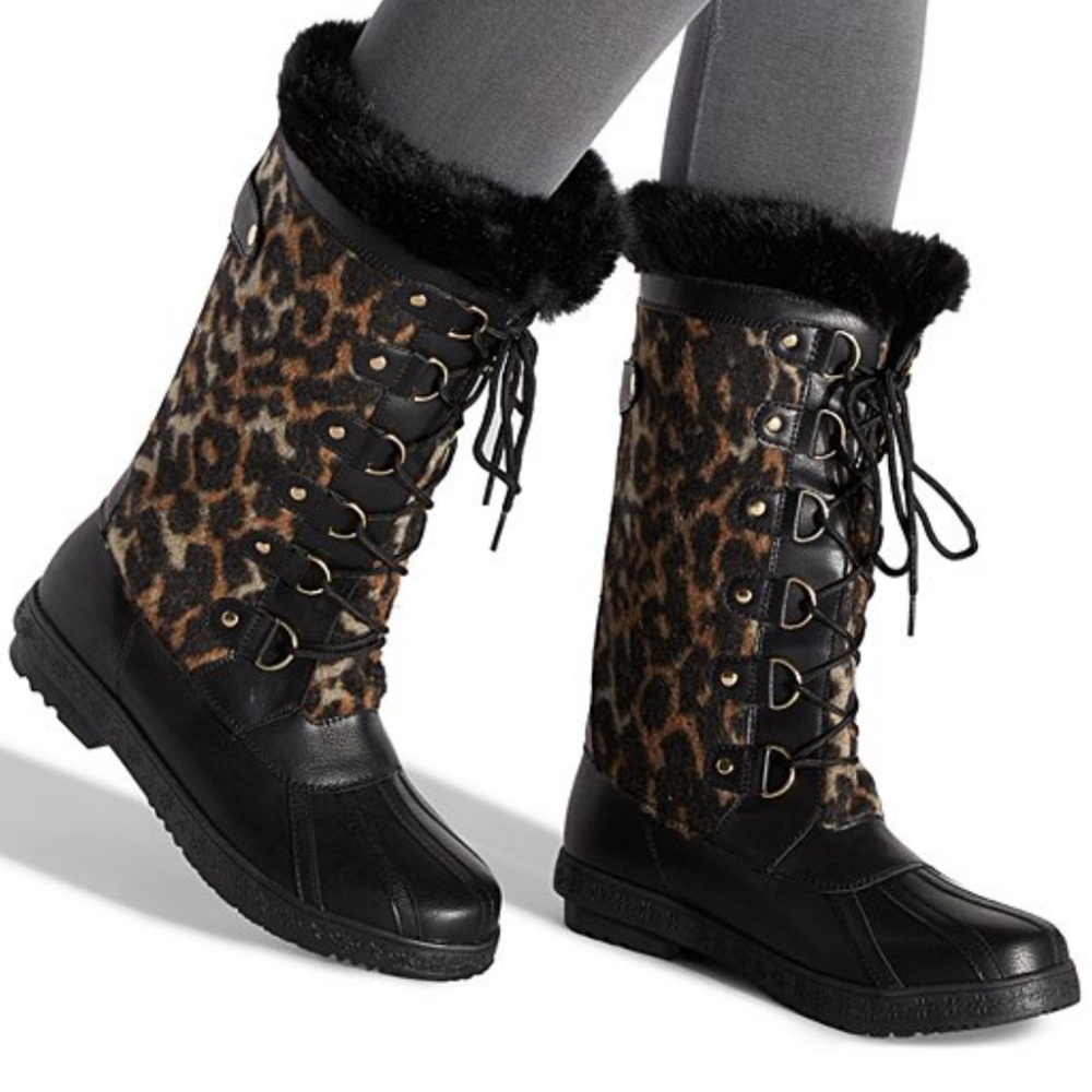 ShoeDazzle Knee High Leopard Faux Fur Duck Boots
